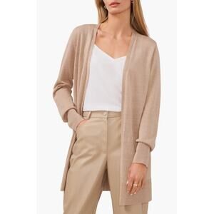 Halogen Linen Blend Tan Side Slit Open Long Cardigan With Pockets Medium VGC